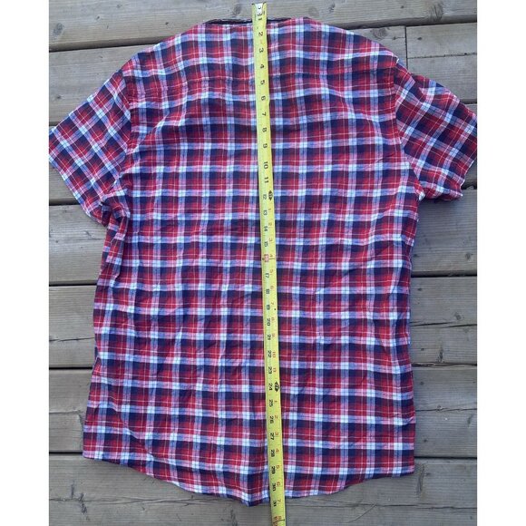 Budweiser Men's Button Down Shirt Size Medium Causal Short Sleeve Plaid Red - Picture 8 of 9